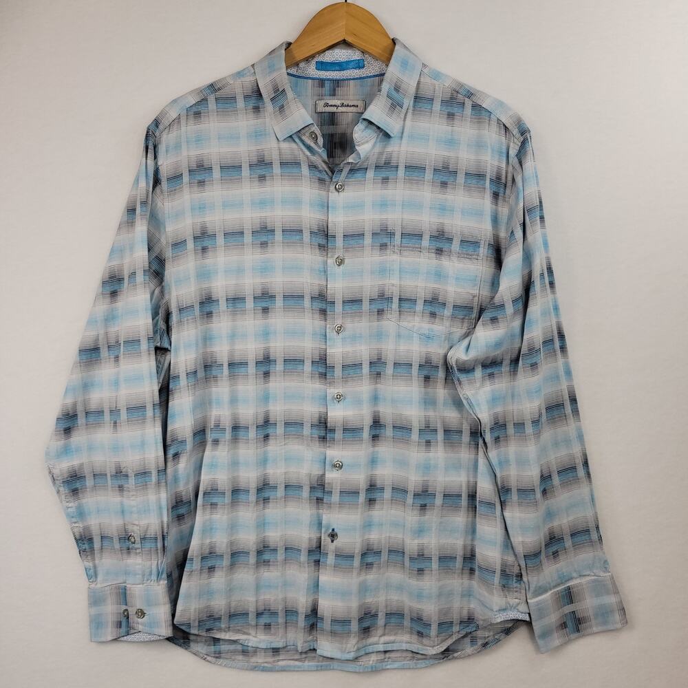 Tommy Bahama Button Down White Blue and Grey Long Sleeve Shirt Cotton Silk Blend